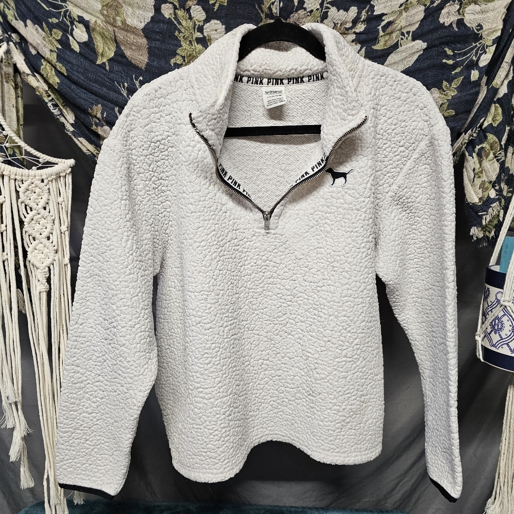 PINK | Victoria's Secret | White Shearling Fleece 1/4 Zip Pullover w. Dog Logo S